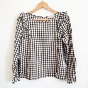 Loft black/white Plaid Ruffle long sleeve Blouse top
